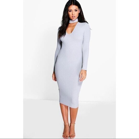 Boohoo Dresses & Skirts - BOHOO GRAY RIBBED MIDI DRESS